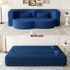 Modern Floor Sofa with 2 Pillows,Convertible Teddy Fabric Foam Filled Sleeper Sofa Bed,15 ' Full Size Folding Mattress for Living Room,Guest Bed,Playroom,no assembly required,Blue