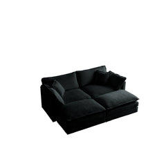 4 - Piece Upholstered Sectional Sofa, 1 - Piece of 2 Seater Sofa and 2- Piece of Ottomans , 2 Seater Loveseat Lounge with Ottomans , Black Chenille