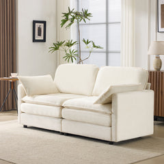 69' PLUSH CLOUD LOVESEAT: Modular 2-Seater Sectional Sofa with 22' Beige Chenille Cushions + 2 Throw Pillows - Compact Size for Apartment, Living Room, Bedroom (Beige)