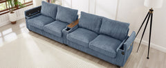Modern 4-Seater Corduroy Sofa Couch with USB Ports, Hidden Storage, Flip-Top Cup Holders, Blue, 133'