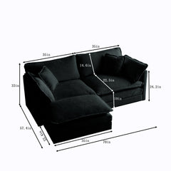 Chenille Two-Seater Sofa with 1 Footrest, 2 Seater L-Shaped Sectional with Ottoman,Loveseat with Ottoman for Small Living Space, Black Chenille