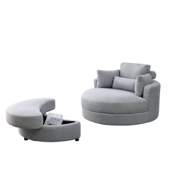 [Video] Welike Swivel Accent Barrel Modern Grey Sofa Lounge Club Big Round Chair with Storage Ottoman Linen Fabric for Living Room Hotel with Pillows