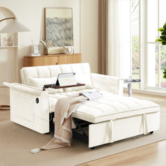 55.5 '3-in-1 foldable sofa bed, modern velvet double sofa, sofa bed with adjustable back, storage bag and pillow, hidden living room laptop desk with USB port, suitable for living room, bedroom(BEIGE)