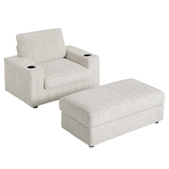 Luxurious Oversized Chaise Lounge Sofa Bed with Storage Ottoman and Armrests, Cup Holders, Faux Rabbit Fur, 42-Inch for Living Room or Bedroom