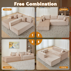 Compression Sectional Couch with Comfy Chaise, Boneless L Shape Sofa with Deep Seat, Minimalist Modular Couches Sleeper for Living Room Bedroom Apartment Lounge,corduroy,Beige