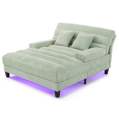 Modern Chaise Lounge Sofa Bed with Adjustable Backrest and LED Light Strip, Green Chenille Upholstered, 57.1 Inches