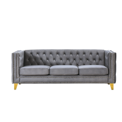 {Contact us for 3D modeling}  Velvet Sofa for Living Room,Buttons Tufted Square Arm Couch, Modern Couch Upholstered Button and Metal Legs, Sofa Couch for Bedroom, Grey Velvet .2PCS
