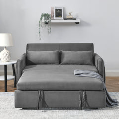 55' Modern Convertible Sofa Bed with 2 Detachable Arm Pockets, Velvet Loveseat Sofa with Pull Out Bed, 2 Pillows and Living Room Adjustable Backrest, Grid Design Armrests