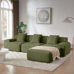 Modern L-Shaped Modular Sectional Sofa in Green Corduroy, 113' Oversized 3-Seater with Deep Seat and Movable Ottoman – No Assembly Required