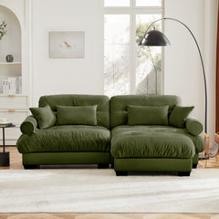 Modern Oversized Velvet Two-Seater Sofa with Ottoman and Round Bolster Armrests in Olive Green