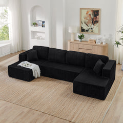 Modern Minimalist U-Shape Modular Sectional Sofa Sleeper in Black Corduroy, Comfy Space-Efficient Design