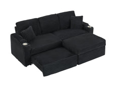 80' Corduroy Multi-Function Sofa with Hidden Reclining, Space Saving Design, Armrests, Cup Holders and Removable Footstool, Black