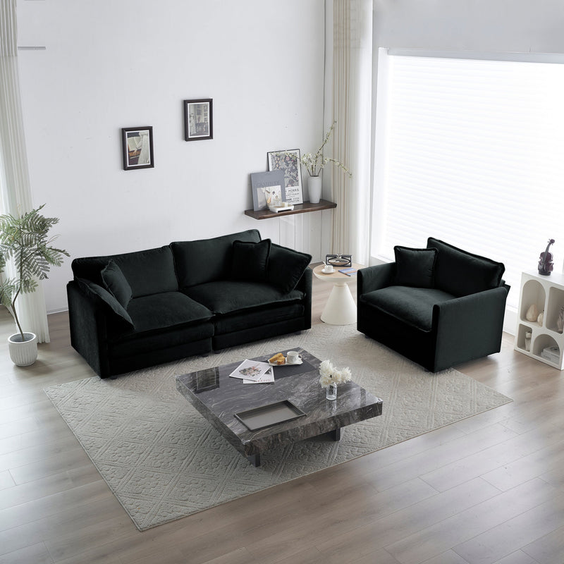 2 Seater Loveseat and Chair Set, 2 Piece Sofa & Chair Set, Loveseat and Accent Chair , 2-Piece Upholstered Chenille Sofa Living Room Couch Furniture(1+2 Seat ) ,Black Chenille