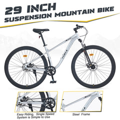 29 Inch Wheels Single Speed  Mountain Bike, for Men Women Boys and Girls, Front Suspension,Steel Frame