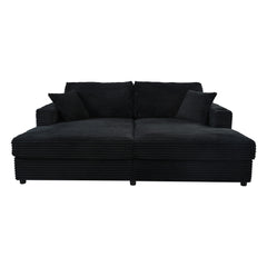 Oversized Loveseat Chaise Lounge Sectional Sofa Bed with USB Ports, Cup Holders, and Pillows, Black Corduroy