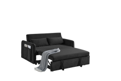 55' Modern Convertible Sofa Bed with 2 Detachable Arm Pockets, Velvet Loveseat Sofa with Pull Out Bed, 2 Pillows and Living Room Adjustable Backrest, Grid Design Armrests