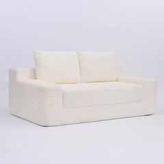 Loveseat Sofa, Comfortable Deep Seat Sofa Bed, Modern Small Corduroy Couch for Living Room Bedroom,Reversible Cushion with Pillows,No Assembly Required,White