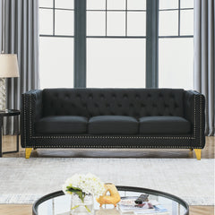{Contact us for 3D modeling} Velvet Sofa for Living Room,Buttons Tufted Square Arm Couch, Modern Couch Upholstered Button and Metal Legs, Sofa Couch for Bedroom, Black Velvet(W834S00022)