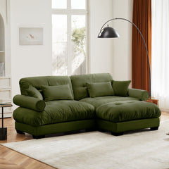 Modern Oversized Velvet Two-Seater Sofa with Ottoman and Round Bolster Armrests in Olive Green