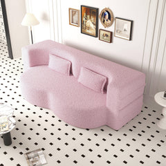 Modern Floor Sofa with 2 Pillows,Convertible Teddy Fabric Foam Filled Sleeper Sofa Bed,15 ' Full Size Folding Mattress for Living Room,Guest Bed,Playroom,No Assembly Required,Pink