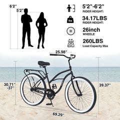 Single Speed Bicycles 26'Inch,Steel Frame, Wide Wheels for Stability, Rear Coaster Brakes,Multiple Colors Men's Beach Cruiser Bike
