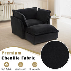 Modern Armchair Sofa 47' Cozy Upholstered Sofa Chair with Movable Ottoman, Black Chenille, Wide Seat & Curved Armrests