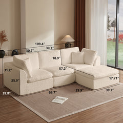 Cloud Style L-Shape Modular Sectional Sofa with Ottoman, 3 Seater Convertible Couch in Warm White Beige, Chenille Fabric, 110 Inch