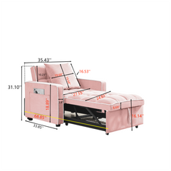 Modern Velvet Three-in-One Sofa Bed Chair with Adjustable Backrest in Pink