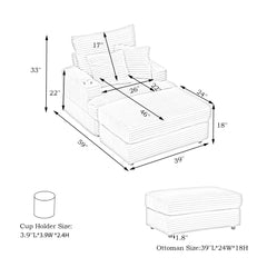 39-inch Spring upholstered armchair and Ottoman set - comfortable single sofa with cup holder and corduroy fabric, perfect for living room or bedroom