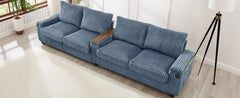 Modern 4-Seater Corduroy Sofa Couch with USB Ports, Hidden Storage, Flip-Top Cup Holders, Blue, 133'