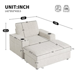 Luxurious Oversized Chaise Lounge Sofa Bed with Storage Ottoman and Armrests, Cup Holders, Faux Rabbit Fur, 42-Inch for Living Room or Bedroom