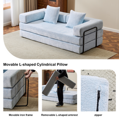 Floor Couch,Compression Sofa,Convertible Floor Sofa Bed-with Pillow Back Support Armrest,Comfy Futon Couch Lounge Sleeper Bed,Chenille fabric,for Living Room Bedroom (LIGHT-BLUE)