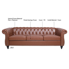 Classic Chesterfield Three Seater Sofa Brown PU Leather with Rolled Arms and Birch Legs 84.65 Inches