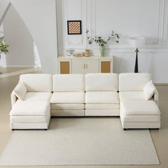 136' Plush Cloud 3-seater Sofa: Modular 4-seater Sofa + 2 Footstools with 22' Beige Chenille Cushions + 2 Throw Pillows - Compact Size for Apartment, Living Room, Bedroom (Beige)
