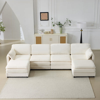 136' Plush Cloud 3-seater Sofa: Modular 4-seater Sofa + 2 Footstools with 22' Beige Chenille Cushions + 2 Throw Pillows - Compact Size for Apartment, Living Room, Bedroom (Beige)