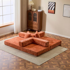 Floor Couch,Compression Sofa,Convertible Floor Sofa Bed-with Pillow Back Support Armrest,Comfy Futon Couch Lounge Sleeper Bed,chenille fabric,for Living Room Bedroom (orange)