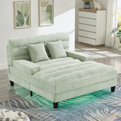 Modern Chaise Lounge Sofa Bed with Adjustable Backrest and LED Light Strip, Green Chenille Upholstered, 57.1 Inches