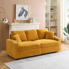 80-inch two-in-one pull-out sofa, foldable and hidden reclining function, corduroy fabric, equipped with cup holder and pillow, easily adaptable to living room space, orange
