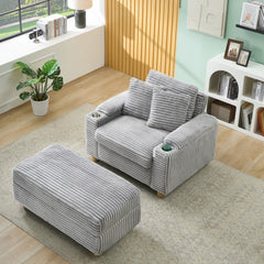 Grey corduroy single sofa with one pillow, two throw pillows, a footstool and two storage Spaces.