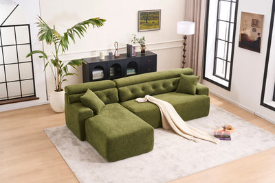 105' Modula Compression Sponge L-Shaped, Chesterfield-Inspired Design, No-Assembly Chenille Couch, 30D High-Density for Living Room, Bedroom, Apartment.Green.