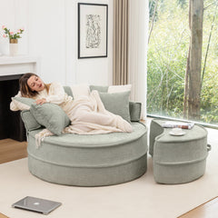 Modern Oversized Blue Round Barrel Accent Chair with Ottoman - Velvet Upholstered Lounge Armchair with 5 Pillows for Living Room or Bedroom