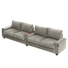 Modern 4-Seater Corduroy Sofa Couch with USB Ports, Hidden Storage Arms, and Flip-Top Cup Holders, Brown, 133 Inches