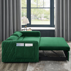 55' Modern Convertible Sofa Bed with 2 Detachable Arm Pockets, Velvet Loveseat Sofa with Pull Out Bed, 2 Pillows and Living Room Adjustable Backrest, Grid Design Armrests