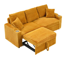 80-inch two-in-one pull-out sofa, foldable and hidden reclining function, corduroy fabric, equipped with cup holder and pillow, easily adaptable to living room space, orange