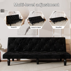 Sofa-to-Bed Evolution: 66' Black Velvet Sofa Bed Transforms Seamlessly, Ideal for Family Living Rooms, Apartments, and Bedrooms
