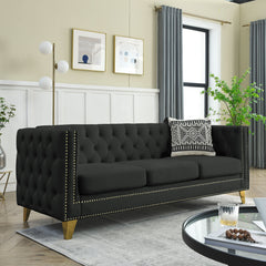 {Contact us for 3D modeling} Velvet Sofa for Living Room,Buttons Tufted Square Arm Couch, Modern Couch Upholstered Button and Metal Legs, Sofa Couch for Bedroom, Black Velvet(W834S00022)