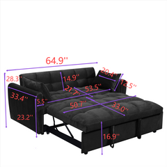 65 '3-in-1 foldable large size sofa bed, modern velvet double sofa, sofa bed with adjustable back, storage bag and pillow, suitable for living room, bedroom (biack)