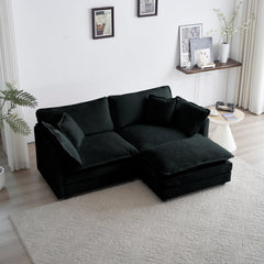 Chenille Two-Seater Sofa with 1 Footrest, 2 Seater L-Shaped Sectional with Ottoman,Loveseat with Ottoman for Small Living Space, Black Chenille