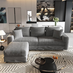 82.7 ' Plush Corduroy 3-Seat Sofa, Modern Comfy Upholstered Sofa Cloud Couch, Deep Seat Couches with Soft Pillows and 3 Ottomans, Convertible Sofa Lounge Chair, for Living Room,Apartment,Office,Grey