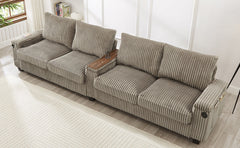 Modern 4-Seater Corduroy Sofa Couch with USB Ports, Hidden Storage Arms, and Flip-Top Cup Holders, Brown, 133 Inches